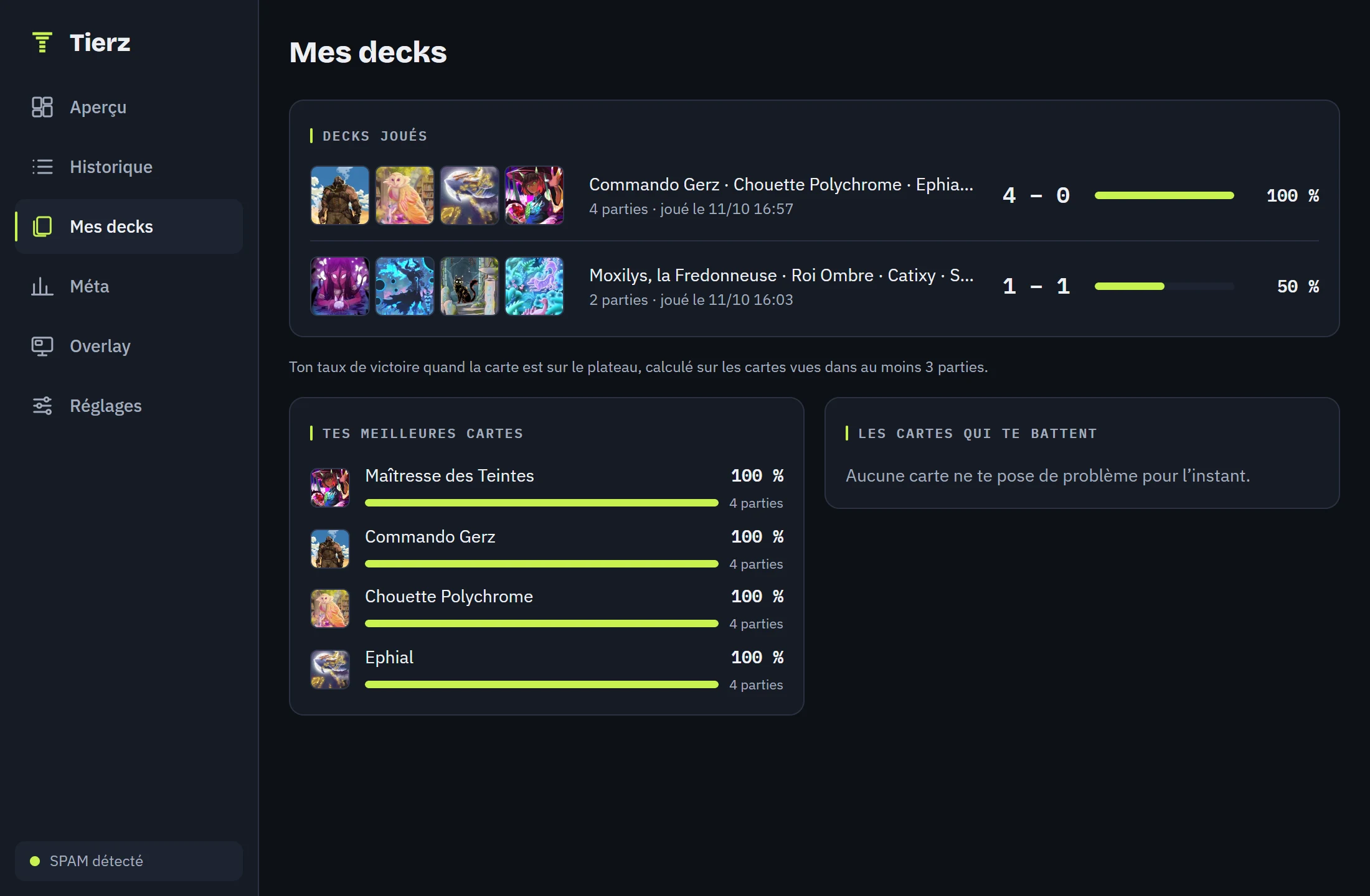 The tracker’s “My decks” screen: two decks with their record and win rate, then the player’s best cards.