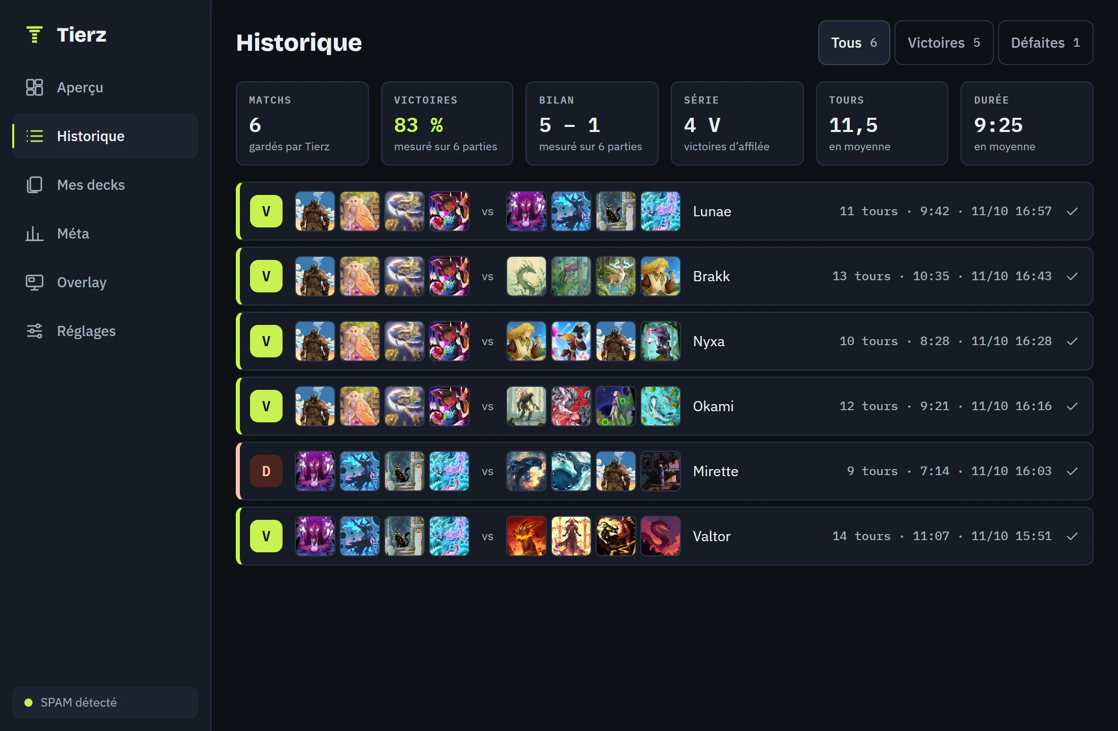 The tracker’s history: six matches, each with its result, the two decks, the opponent, the number of turns, the length and the date.