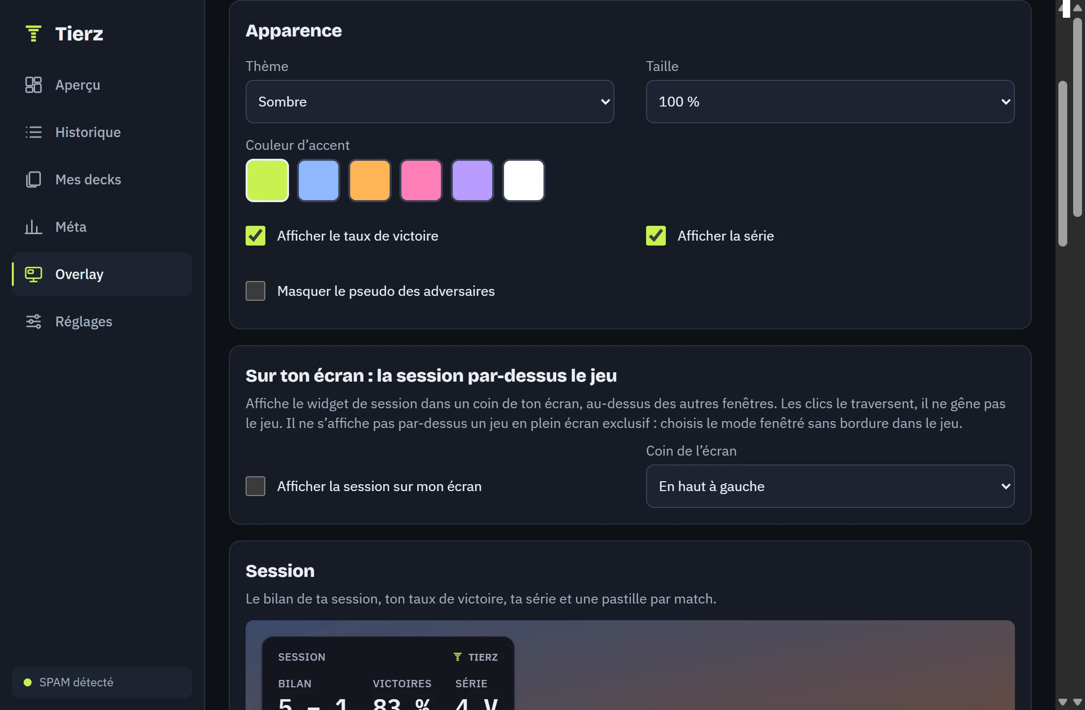 The widget settings in the tracker: theme, size, accent colour, and the session shown over the game.